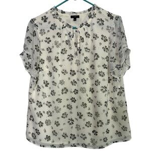 Talbots Sheer Short Sleeve Blouse Floral Ivory Gray Size Large Petite